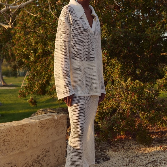 House of Dagmar Linen Crochet Knit Polo Sweater Top in Off-white XXS - Picture 10 of 11